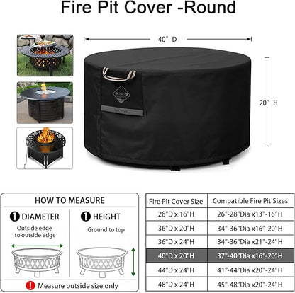 QH.HOME Fire Pit Cover Round Super Waterproof, 40inch Outdoor Round Firepit Cover 600D Strong Tear Resistant, UPF 50+ Fire Pit Covers Premium Fading Resistant for Outdoor Fire Pit - Black