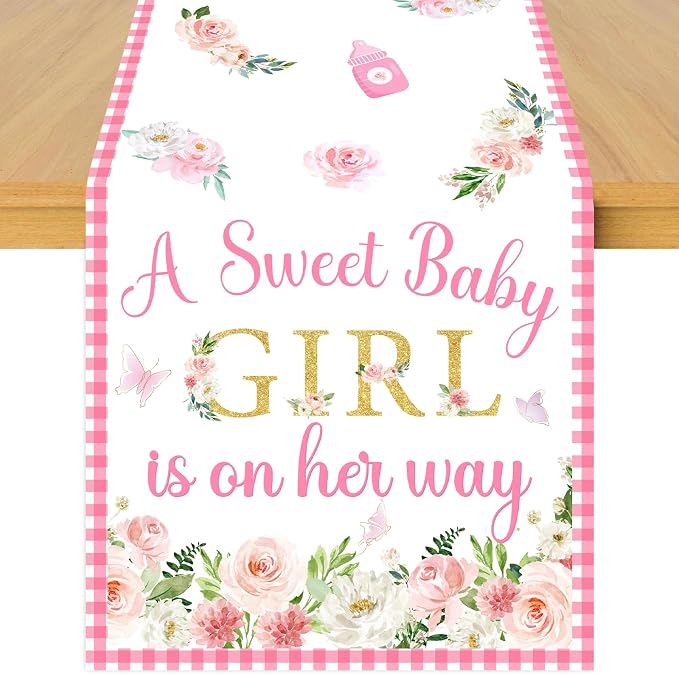A Sweet Baby Girl is On Her Way Table Runner, Pink Linen Fabric Table Runner for Everyday Use 72 x 13 Inches, Washable Table Cover for Baby Shower Indoor Outdoor Kitchen Dining Table Decor