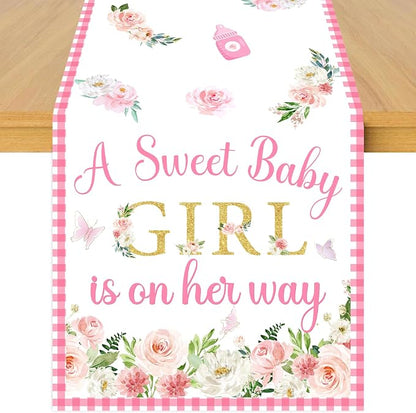 A Sweet Baby Girl is On Her Way Table Runner, Pink Linen Fabric Table Runner for Everyday Use 72 x 13 Inches, Washable Table Cover for Baby Shower Indoor Outdoor Kitchen Dining Table Decor