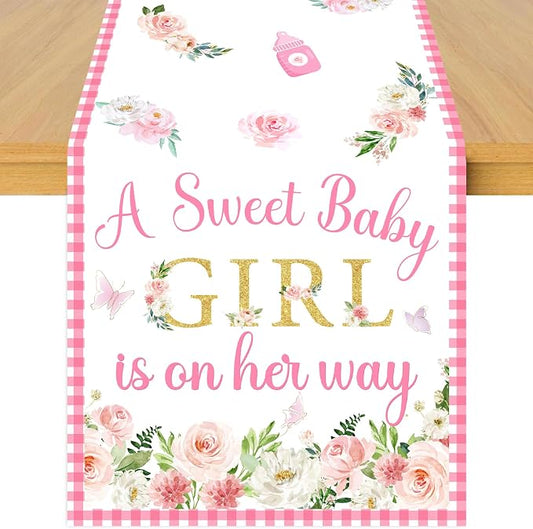 A Sweet Baby Girl is On Her Way Table Runner, Pink Linen Fabric Table Runner for Everyday Use 72 x 13 Inches, Washable Table Cover for Baby Shower Indoor Outdoor Kitchen Dining Table Decor