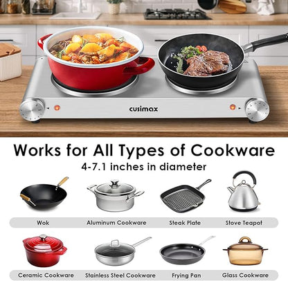 CUSIMAX Hot Plate, Electric Double Burner, 1800W Cast Iron Countertop Cooktop, Portable for Cooking, Compatible for All Cookwares, Easy Clean, Upgraded Version