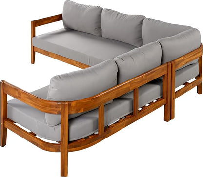 VilroCaz Outdoor Patio Furniture Set, L-Shaped Acacia Wood Sectional Sofa with 6 Soft Seat Cushions and Backpack, All-Weather Conversation Set with Arc Frame for Garden Backyard Porch (Grey-3.19)