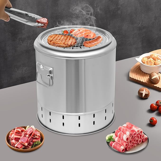 Portable Smokeless Barbecue Charcoal Barrel Grill, Stainless Steel Surround Charcoal kebab Grill with 20 Skewers and BBQ Grill Cooking Grate