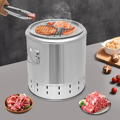 Portable Smokeless Barbecue Charcoal Barrel Grill, Stainless Steel Surround Charcoal kebab Grill with 20 Skewers and BBQ Grill Cooking Grate