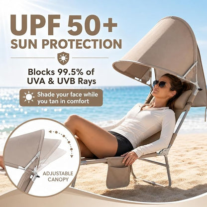 Backpack Beach Tanning Lounge Chair with Canopy Shade Face Hole Padded Adjustable Washable, 6 Position Layout Chair for Outside Sunbathing Poolside Lawn, UPF 50+ Wind-Resistant Sun Shade, 2Pack