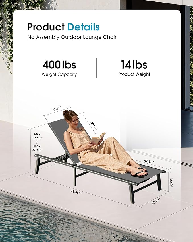 Ciokea Foldable Outdoor Lounge Chair Set of 2 with 1 Aluminum Side Table, Pool Lounge Chairs with Portable Design for Pool, Beach, Deck, Patio, Grey