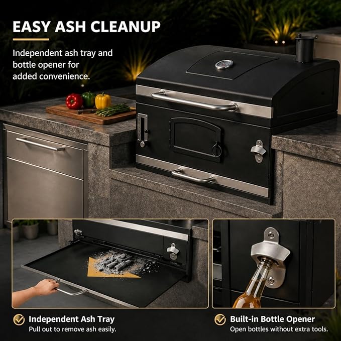 30in Built in Charcoal Grill for Outdoor Kitchen Island, Heavy Duty Large Barbecue Grills with Liftable Tray, Insulated Hood & Temp Gauge Drop-in BBQ Barrel Grill for Family Parties Patio Cooking