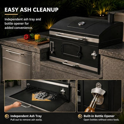 30in Built in Charcoal Grill for Outdoor Kitchen Island, Heavy Duty Large Barbecue Grills with Liftable Tray, Insulated Hood & Temp Gauge Drop-in BBQ Barrel Grill for Family Parties Patio Cooking