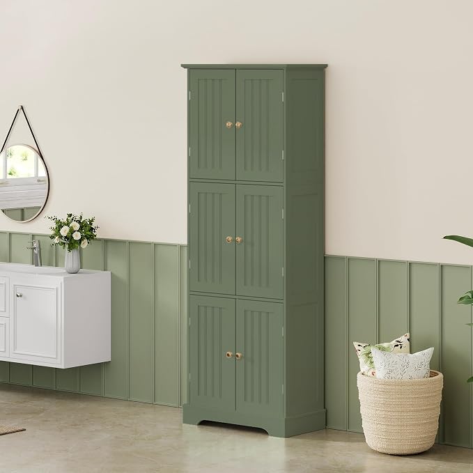 ChooChoo 63.2" Tall Bathroom Storage Cabinet with 6 Doors | Freestanding Floor Cabinet, Adjustable Shelves, Pantry Cabinet for Bathroom, Kitchen, Laundry Room, Green
