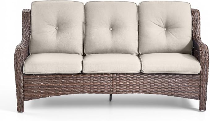 Rilyson Outdoor Patio Wicker Sofa, 900Lbs Weight Capacity Large 3 Seater Wicker Patio Couch with 4in Seat Cushions and Deep Seating, All Weather for Backyard, Garden, Poolside (Brown/Beige)