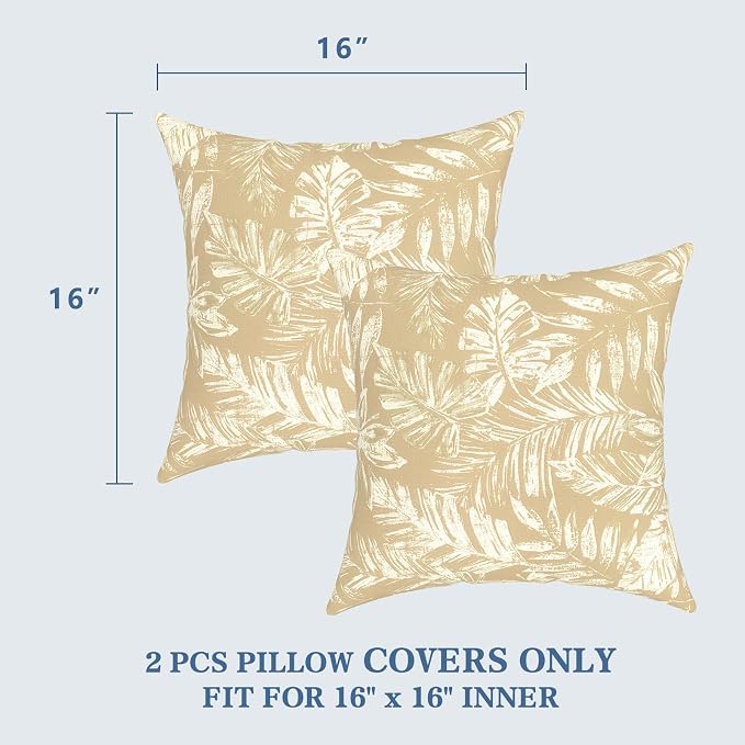 LVTXIII 2 Pack Outdoor Throw Pillow Covers for Patio Furniture, 16x16 Inch Square Pillow Case, Water-Repellent Cushion Covers for Garden, Porch, Sofa, Tropical Leaf Oat