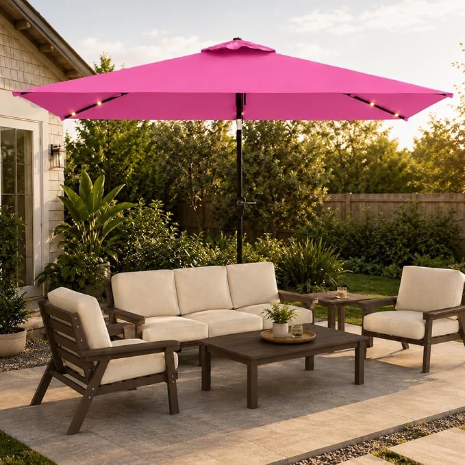 6.5 x 10ft Rectangular Patio Umbrella with Solar Lights, 16 LED Lighted Market Umbrella with Push-Button Tilt and Crank, 6 Sturdy Iron Ribs for Garden, Deck, Pool, Rose Pink