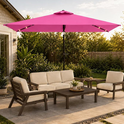 6.5 x 10ft Rectangular Patio Umbrella with Solar Lights, 16 LED Lighted Market Umbrella with Push-Button Tilt and Crank, 6 Sturdy Iron Ribs for Garden, Deck, Pool, Rose Pink