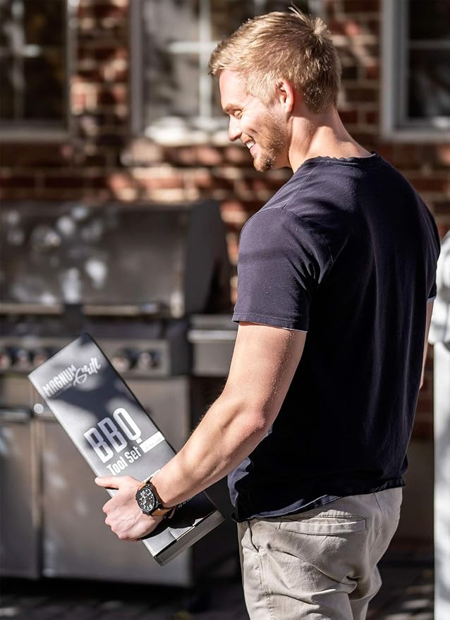 Grilling Accessories | BBQ Tools Set with 18" Grill Spatula, Tongs, BBQ Grill Mat and 2X Strong Magnetic Hooks for Hanging on Barbeque | Heavy Duty Metal Grill Set