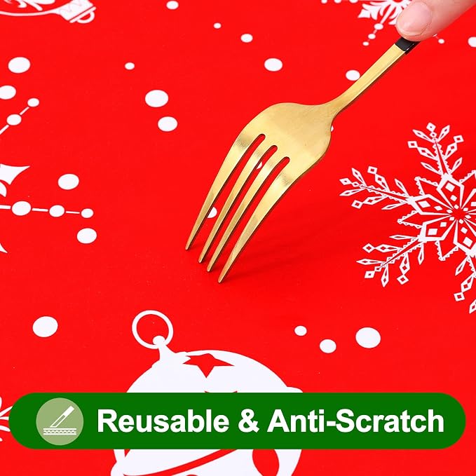 Smiry Christmas Rectangle Table Cloth, Waterproof Vinyl Tablecloth with Flannel Backing, Wipeable Bell & Snowflake Plastic Tablecloths for Christmas Table Decorations, (60"x84", White & Red)