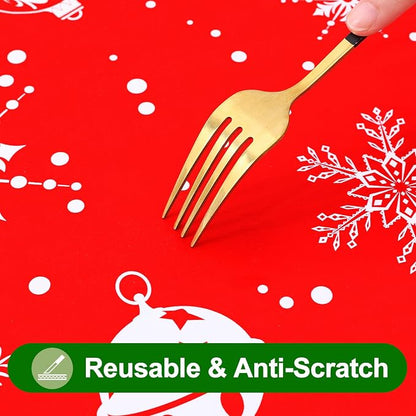 Smiry Christmas Rectangle Table Cloth, Waterproof Vinyl Tablecloth with Flannel Backing, Wipeable Bell & Snowflake Plastic Tablecloths for Christmas Table Decorations, (60"x84", White & Red)