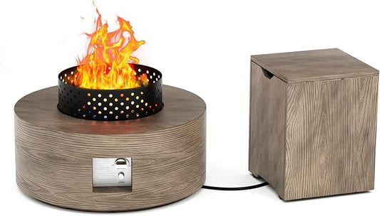 2-Piece Outdoor Propane Fire Pit Table Set w Tank Side Table 30'' Round Fire Pit Table w Wood Grain 2-in-1 Firepit Table for Outside Gas Fire Pit w 304 Stainless Steel Burner 50,000 BTU, Brown