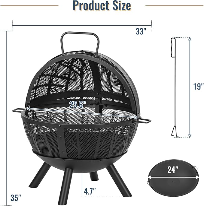 Panovue 35 Inch Wood Burning Fire Pit with BBQ Grill, Heavy Duty Fire Pits Ball for Outside with Spark Screen & Removable Ash Pan, Outdoor firepit & Fireplace for Bonfire in Garden, Yard