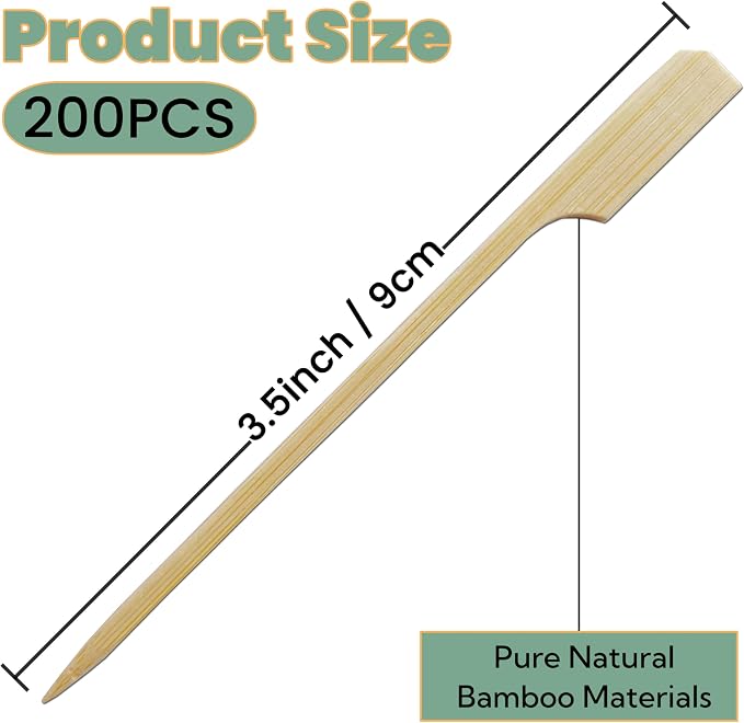 200 PCS 3.5 Inch Mini Small Bamboo Skewers for Appetizers, Short Wooden Paddle Toothpicks for Fruit Kabobs, Sandwich Food Picks, Flat Wood Sticks for Charcuterie