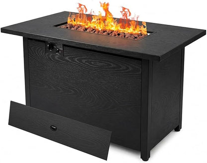 42" Propane Fire Pit, Outdoor Wicker Fire Pit Tables Rectangular Tabletop with Lid and Blue Fire Glass, 50000 BTU w/CSA-Certified, Glass Wind Guard and Tables for Outside Patio, Backard (Black)