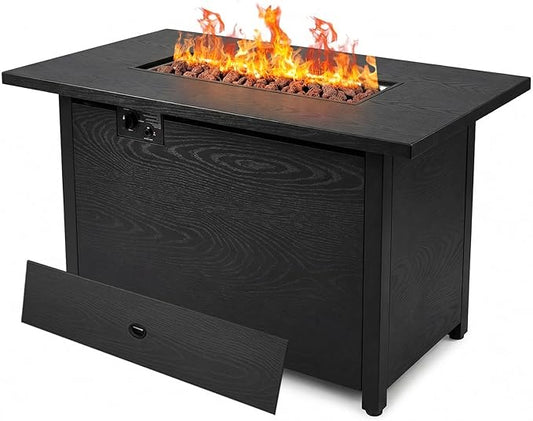 42" Propane Fire Pit, Outdoor Wicker Fire Pit Tables Rectangular Tabletop with Lid and Blue Fire Glass, 50000 BTU w/CSA-Certified, Glass Wind Guard and Tables for Outside Patio, Backard (Black)