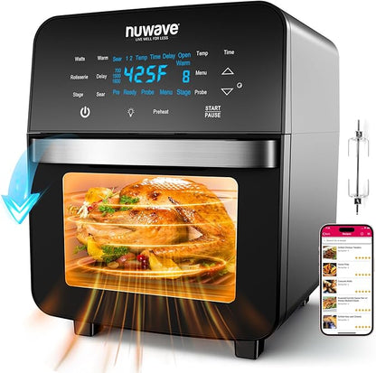 Nuwave Brio 15.5Qt Air Fryer Toaster Oven & Rotisserie Kit, Powerful 1800W | New Advanced Turbo Convection Tech, Healthy PFAS Free, Max Even & Crisp, 50-425°F, 150 Presets, Smart Probe, 4 Rack