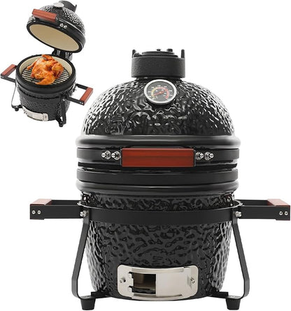 13 Inch Ceramic Charcoal Grill,Portable Charcoal Grill, Outdoor Patio Backyard Cooking, Movable Ceramic Barbecue Grill with Temperature Gauge