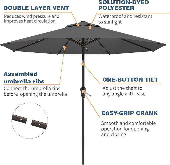 10FT Patio Umbrella, Outdoor Umbrella with Push Button Tilt and Crank, 8 Sturdy Ribs, UV Protection & Waterproof Market Umbrella for Pool, Backyard, Beach,Deck