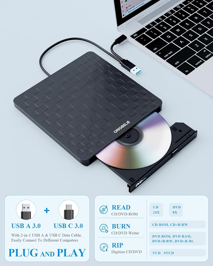 ORIGBELIE External CD DVD Drive for Laptop, USB 3.0 Type-C 13mm DVD Player | Ultra Slim Portable CD DVD +/-RW Drive CD Burner Reader Writer Recorder for Desktop PC Windows 11/10/8/7 Linux Mac OS (Black)