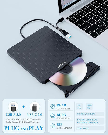 ORIGBELIE External CD DVD Drive for Laptop, USB 3.0 Type-C 13mm DVD Player | Ultra Slim Portable CD DVD +/-RW Drive CD Burner Reader Writer Recorder for Desktop PC Windows 11/10/8/7 Linux Mac OS (Black)