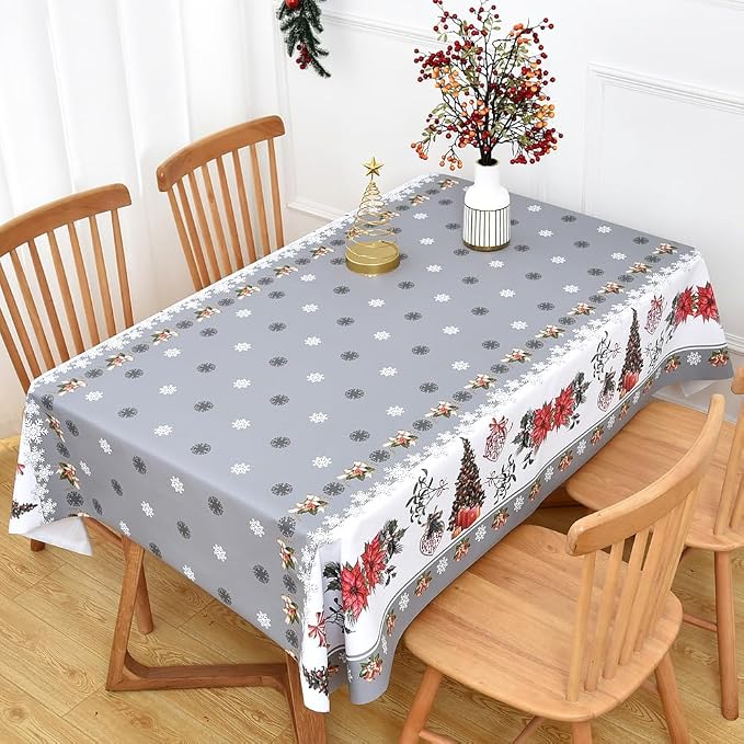 Christmas Table Cloth Rectangle Heavy Duty Vinyl Grey Christmas Tablecloth Plastic Reusable Santa Tablecloth Wpieable Waterproof PVC Xmas Table Cover for Dining Party New Year(Gray, 54"x78")