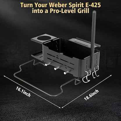 Uniflasy Side Shelf Organizer Compatible with Weber Works Rails, Spirit E-425, Genesis, Performer and Slate Grill Parts Metal Caddy Basket with Paper Towel, Trash Bag, Cup Holder and 4 Hooks