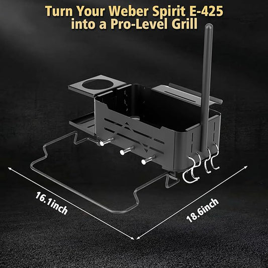 Uniflasy Side Shelf Organizer Compatible with Weber Works Rails, Spirit E-425, Genesis, Performer and Slate Grill Parts Metal Caddy Basket with Paper Towel, Trash Bag, Cup Holder and 4 Hooks