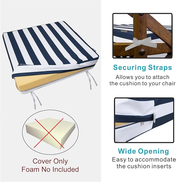 NettyPro Outdoor Cushion Covers Set 4 Water Repellent UV Resistant Patio Chair Seat Cushion Slipcover with Zipper and Tie, 22 x 20 x 4 Inch, Stripes Black and White