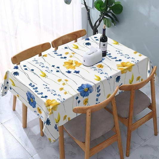 Watercolor Floral Rectangle Tablecloth Navy Blue Yellow Flower Table Cloth for Holiday Party Dining Rooms Kitchen Wedding Indoor Outdoor Birthday Table Decorations 54"x72"