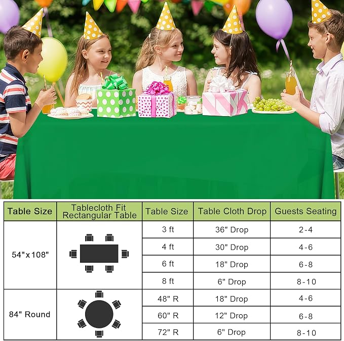 Smiry Disposable Table Cloth 3 Pack, 54 x 108 Inch Waterproof Plastic Tablecloth, Decorative Rectangle Table Covers for Party, Birthday, Picnic, Green