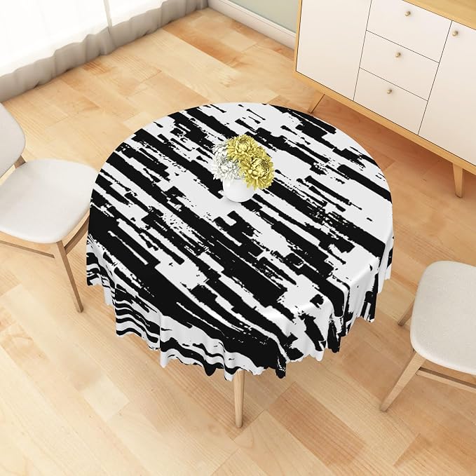Black and White Striped Fabric Waterproof Round Tablecloth Vintage Texture Grain Circle Table Cloth Dust-Proof Circle Table Cover Protector for Restaurant Picnic Camping BBQ 70x70 Inch