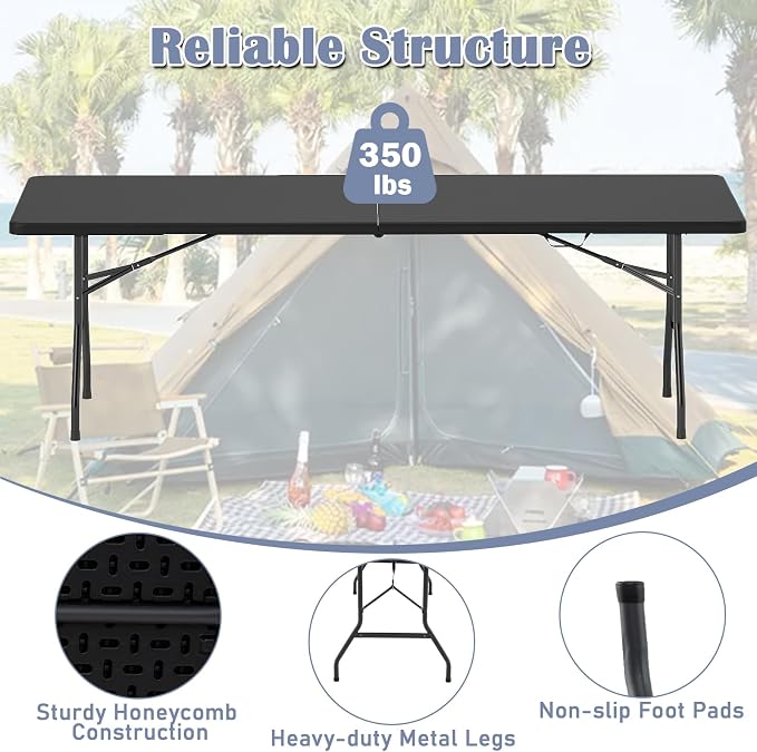 Tangkula 8 FT Folding Table, Indoor Outdoor Foldable Plastic Table | HDPE Tabletop, Sturdy Metal Fame, Carrying Handle, Heavy Duty, Portable ,Fold-in-Half, for Picnic, Camping, BBQ, Party