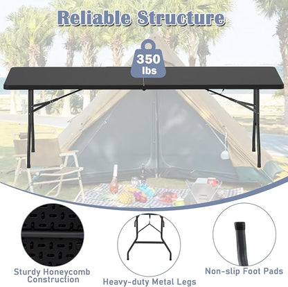 Tangkula 8 FT Folding Table, Indoor Outdoor Foldable Plastic Table | HDPE Tabletop, Sturdy Metal Fame, Carrying Handle, Heavy Duty, Portable ,Fold-in-Half, for Picnic, Camping, BBQ, Party
