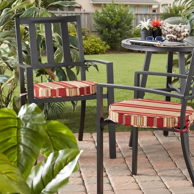 Set of 2 Outdoor 18 inch Round Patio Dining Chair Pads – Comfortable Fiber-Filled Seat Cushions with Ties, Reversible Polyester Fabric - Roma Stripe
