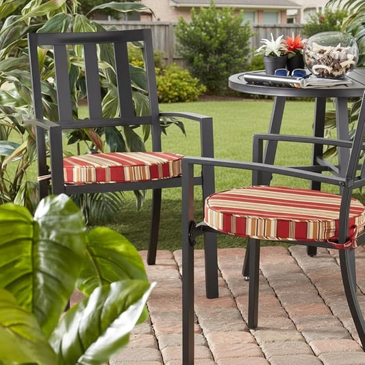 Set of 2 Outdoor 18 inch Round Patio Dining Chair Pads – Comfortable Fiber-Filled Seat Cushions with Ties, Reversible Polyester Fabric - Roma Stripe