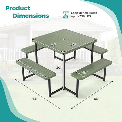 Giantex Picnic Table Bench Set for 4-8 People, 34" Outdoor Square Dining Table & 2 Benches w/Umbrella Hole, HDPE Tabletop, Metal Frame, Patio Camping Furniture for Backyard Porch Lawn (Green,Square)