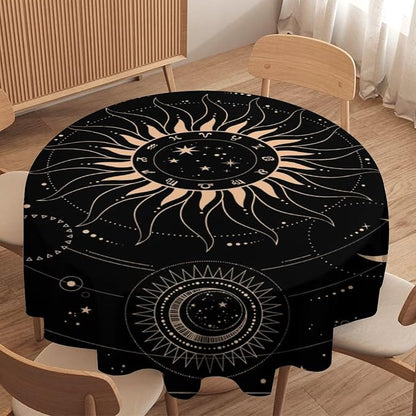 Vintage Tarot Moon Round Tablecloth Boho Mystical Crescent Cosmic Zodiac Star Galaxy Space Table Cloth Water Resistant Wipeable Table Cover for Picnic Party Holiday Kitchen Dinner Table 70"