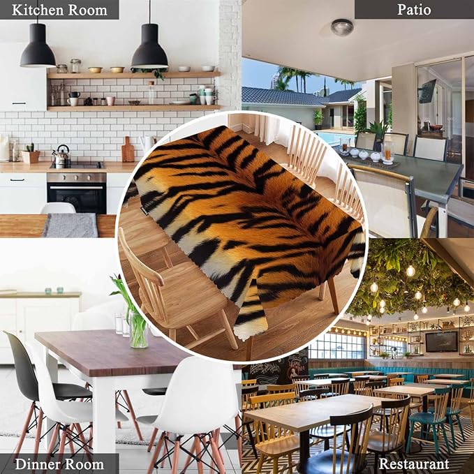 Swono Tiger Print Table Covers 52x70 Inch Wildlife Tiger Skin Brown Black Wipeable Tablecloth Kitchen Dinning Tabletop Decoration, Table Cloth for Outdoor and Indoor Use