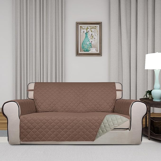 PureFit Reversible Quilted Couch Covers for Dogs Loveseat Sofa Cover 54" | Brown/Beige, Water Resistant Couch Protector, Washable Pet Couch Cover with Non Slip and Elastic Straps For Kids