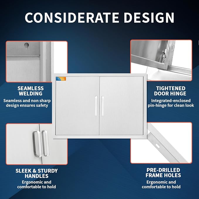 Treshin Outdoor Kitchen Door 28" W x 21" H, Double BBQ Access Doors | Stainless Steel Door with Magnetic Closure & Hooks, Flush Mount for Grill Island, Outdoor Kitchens, BBQ Station
