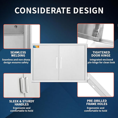 Treshin Outdoor Kitchen Door 28" W x 21" H, Double BBQ Access Doors | Stainless Steel Door with Magnetic Closure & Hooks, Flush Mount for Grill Island, Outdoor Kitchens, BBQ Station