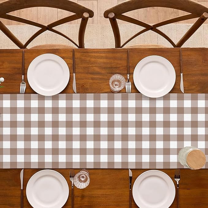 Khaki Gingham Table Runner Light Brown and White Checkered Birthday Wedding Baby Shower Party Decoration BBQ Picnic Home Kitchen Table Decor (Khaki, 13" x 90")