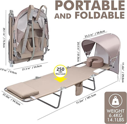 Backpack Beach Tanning Lounge Chair with Canopy Shade Face Hole Padded Adjustable Washable, 6 Position Layout Chair for Outside Sunbathing Poolside Lawn, UPF 50+ Wind-Resistant Sun Shade, 2Pack