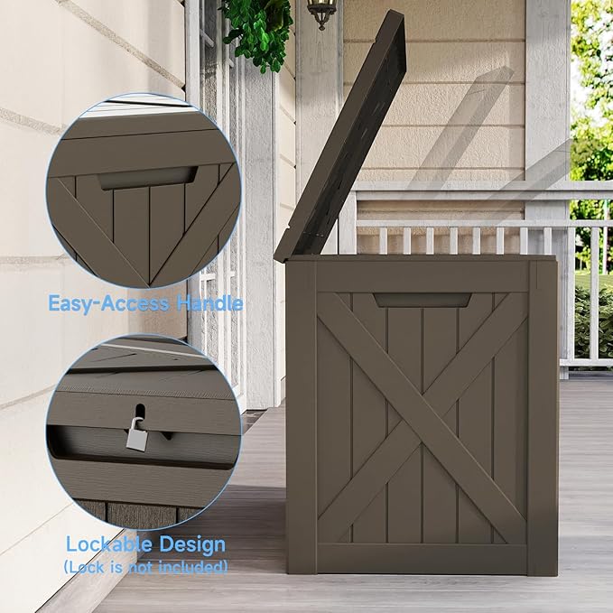 Pepe Tee Waterproof Resin Deck Box, Outdoor Storage Bin for Patio Furniture Cushions, All-Weather Garden Organizer & Seating Bench, Coffee